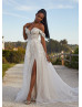 Ivory Floral Lace Glitter Tulle Slit Stunning Wedding Dress